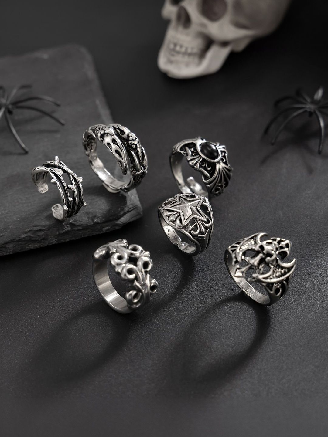 Men Set Of 6 Silver-Plated Finger Rings
