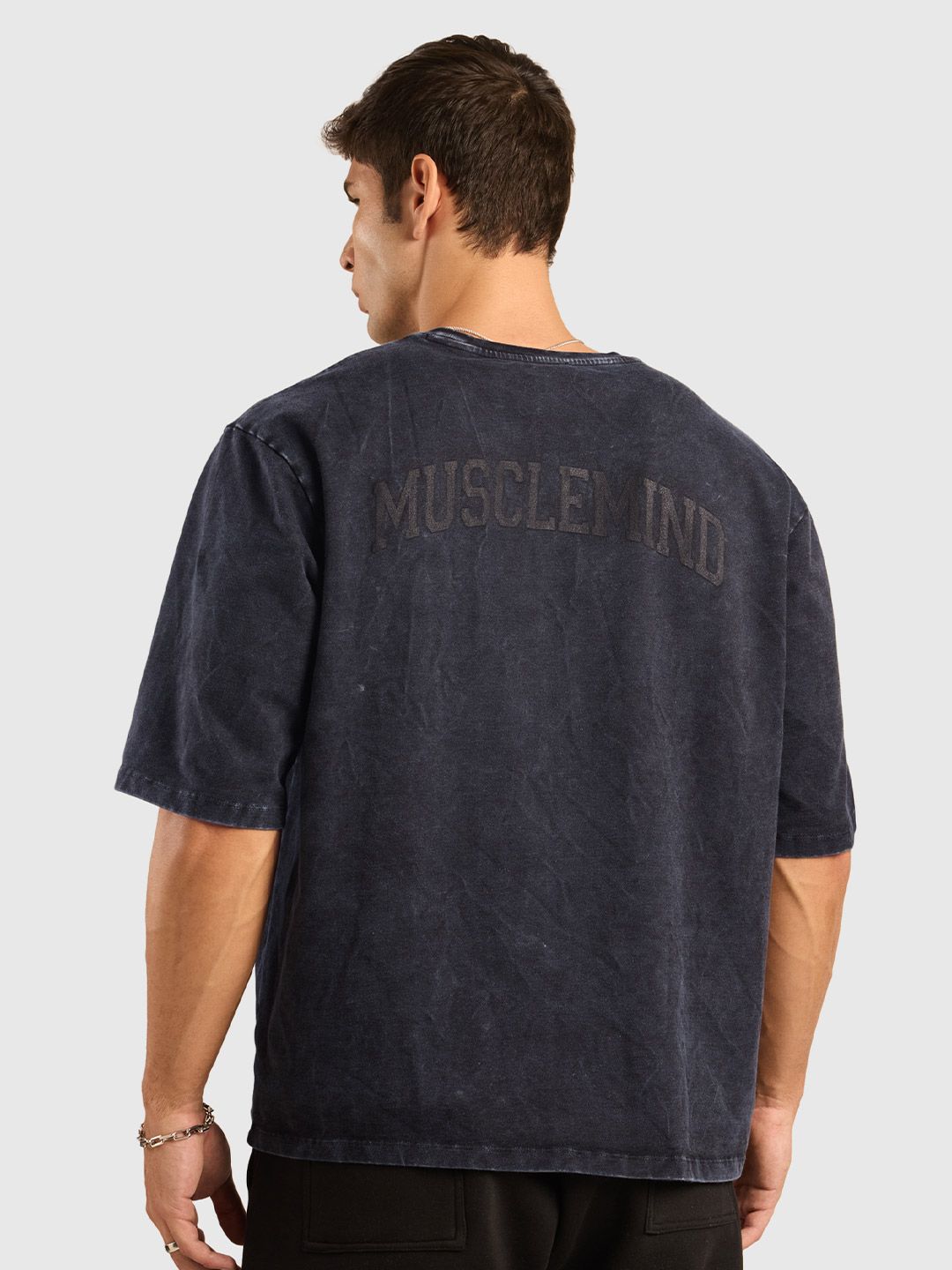 Men Typography Printed Round Neck Cotton Acid Wash Oversized T-shirt