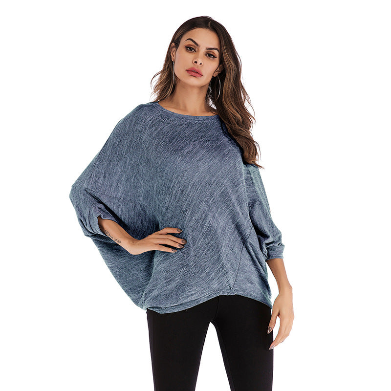 Loose Knit Top with Batwing Sleeves and Crewneck