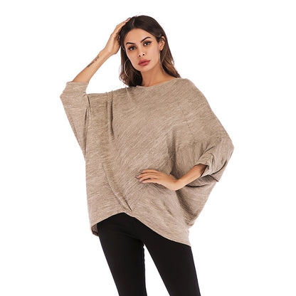 Loose Knit Top with Batwing Sleeves and Crewneck