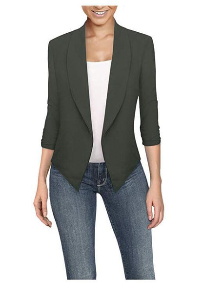 Solid Draped Lapel Blazer with 3/4 Sleeves and Asymmetrical Hem