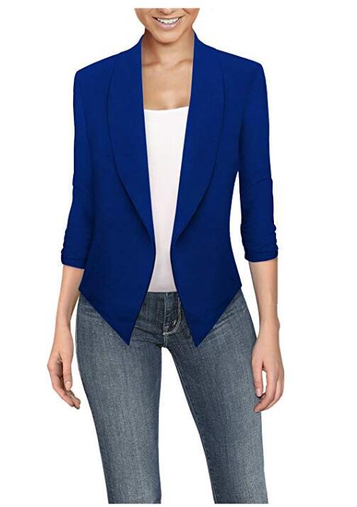 Solid Draped Lapel Blazer with 3/4 Sleeves and Asymmetrical Hem
