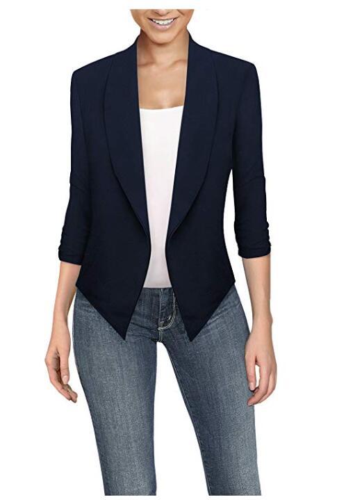 Solid Draped Lapel Blazer with 3/4 Sleeves and Asymmetrical Hem