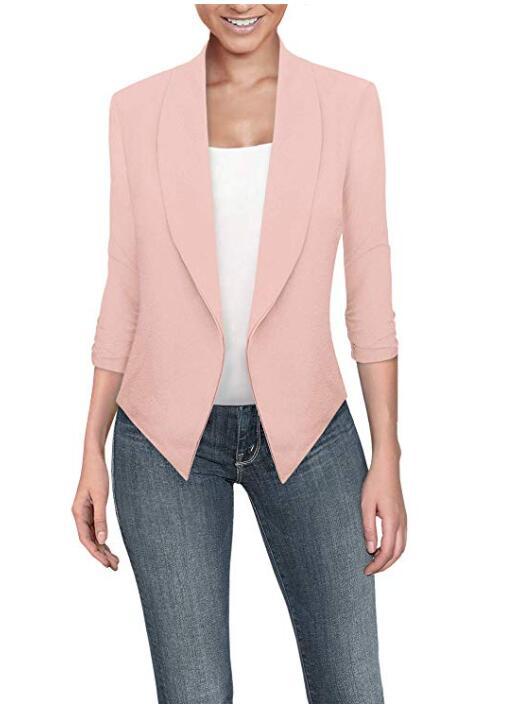 Solid Draped Lapel Blazer with 3/4 Sleeves and Asymmetrical Hem