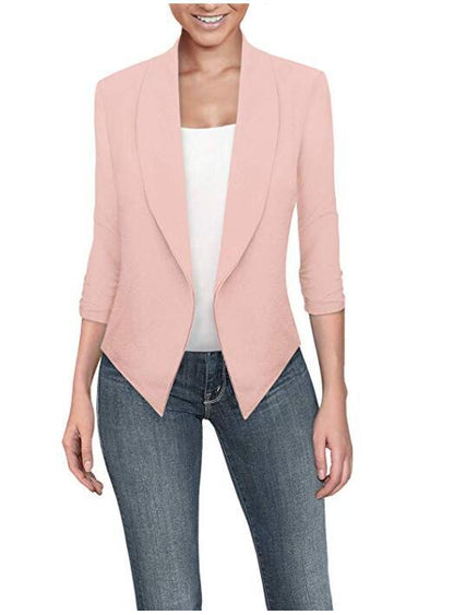 Solid Draped Lapel Blazer with 3/4 Sleeves and Asymmetrical Hem