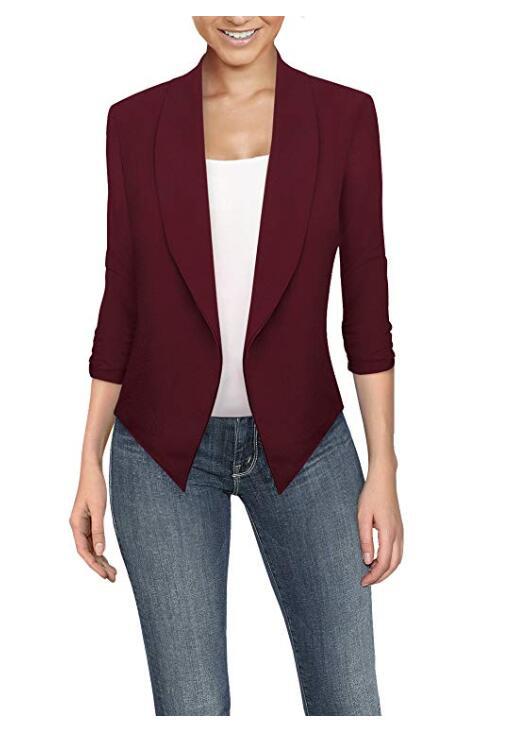 Solid Draped Lapel Blazer with 3/4 Sleeves and Asymmetrical Hem