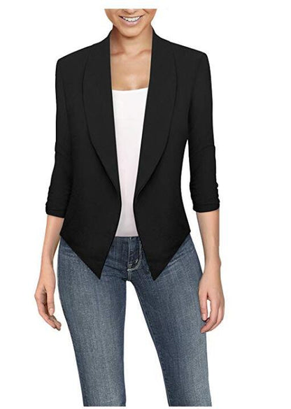Solid Draped Lapel Blazer with 3/4 Sleeves and Asymmetrical Hem