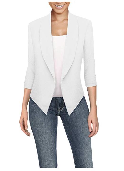 Solid Draped Lapel Blazer with 3/4 Sleeves and Asymmetrical Hem
