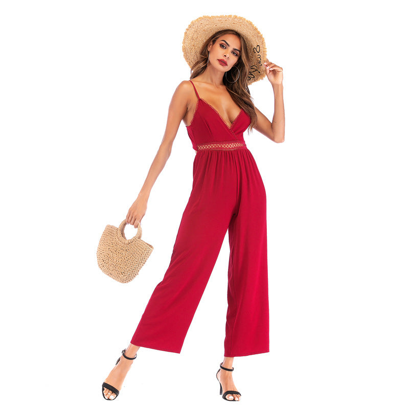 Solid Wide-Leg Jumpsuit with V-Neck and Lace Trim