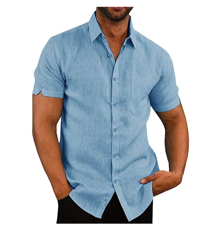 Solid Linen-Look Short-Sleeve Shirt with Button Front and Lapel Collar