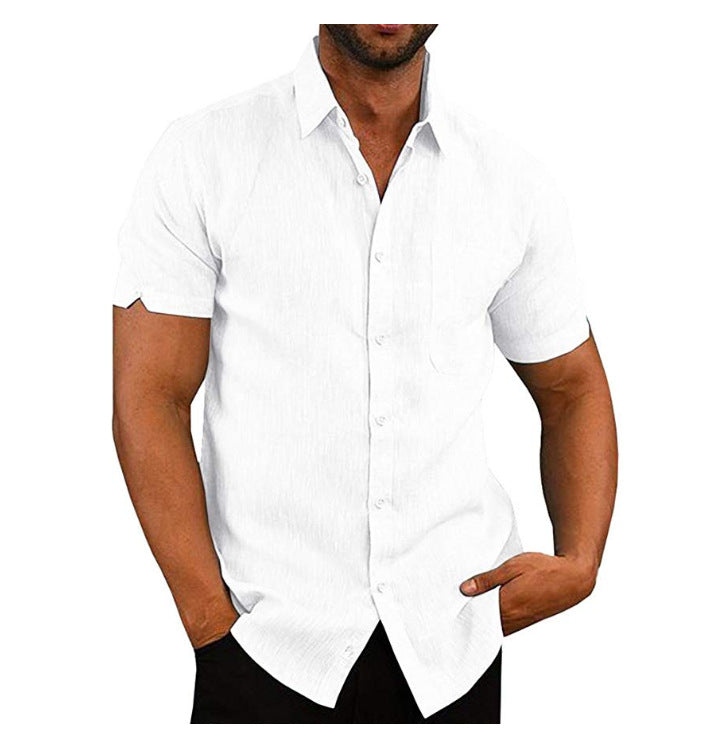 Solid Linen-Look Short-Sleeve Shirt with Button Front and Lapel Collar