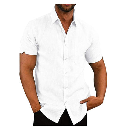 Solid Linen-Look Short-Sleeve Shirt with Button Front and Lapel Collar