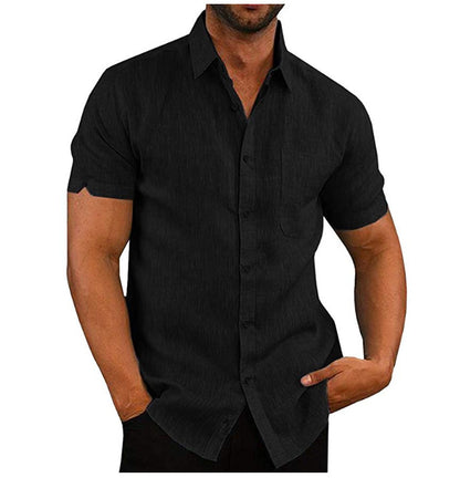 Solid Linen-Look Short-Sleeve Shirt with Button Front and Lapel Collar