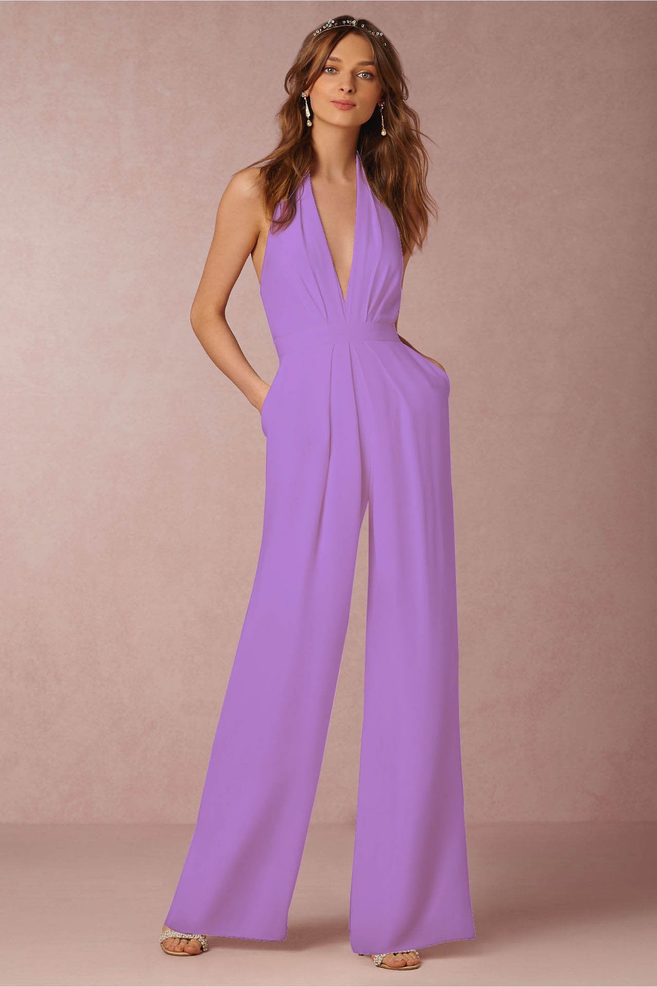 Wide-Leg Jumpsuit with Halter Neck and Deep V-Neck
