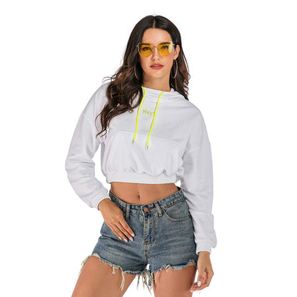 Cropped Pullover Hoodie with Neon Drawstrings