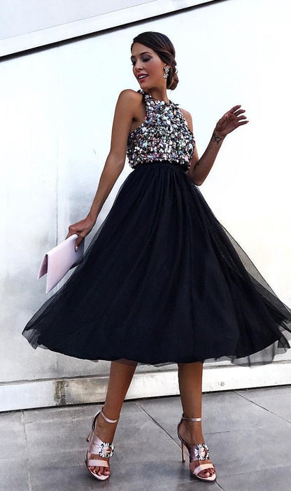 Sleeveless Beaded Top A-Line Tulle Midi Dress