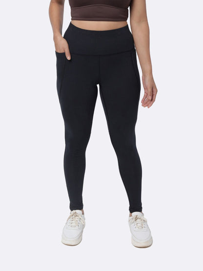 Women Black High Waisted Cotton Leggings with Hidden Drawstring