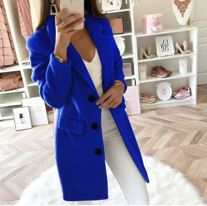 Solid Color Mid-Length Coat with Suit Collar