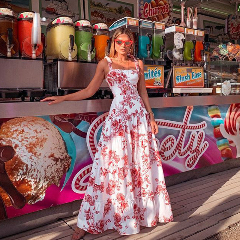 Floral Print Tiered Maxi Dress with Tie-Shoulder Straps