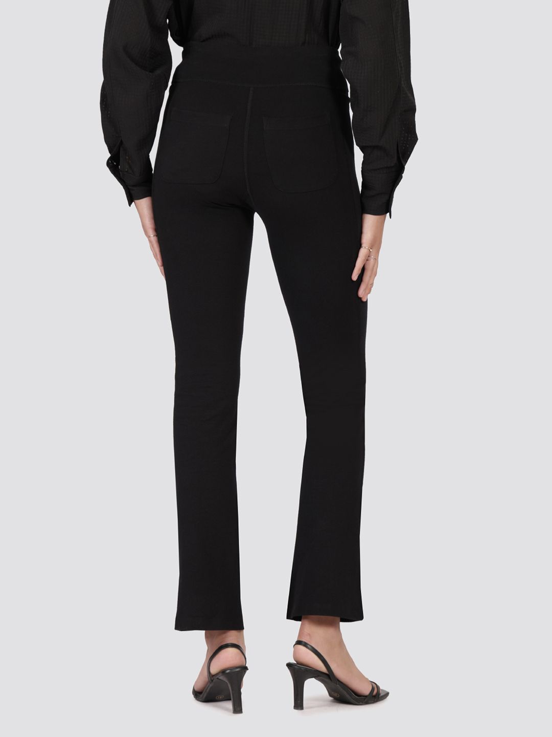 Women Black Tall High Waisted Cotton Flare Pants with Pockets