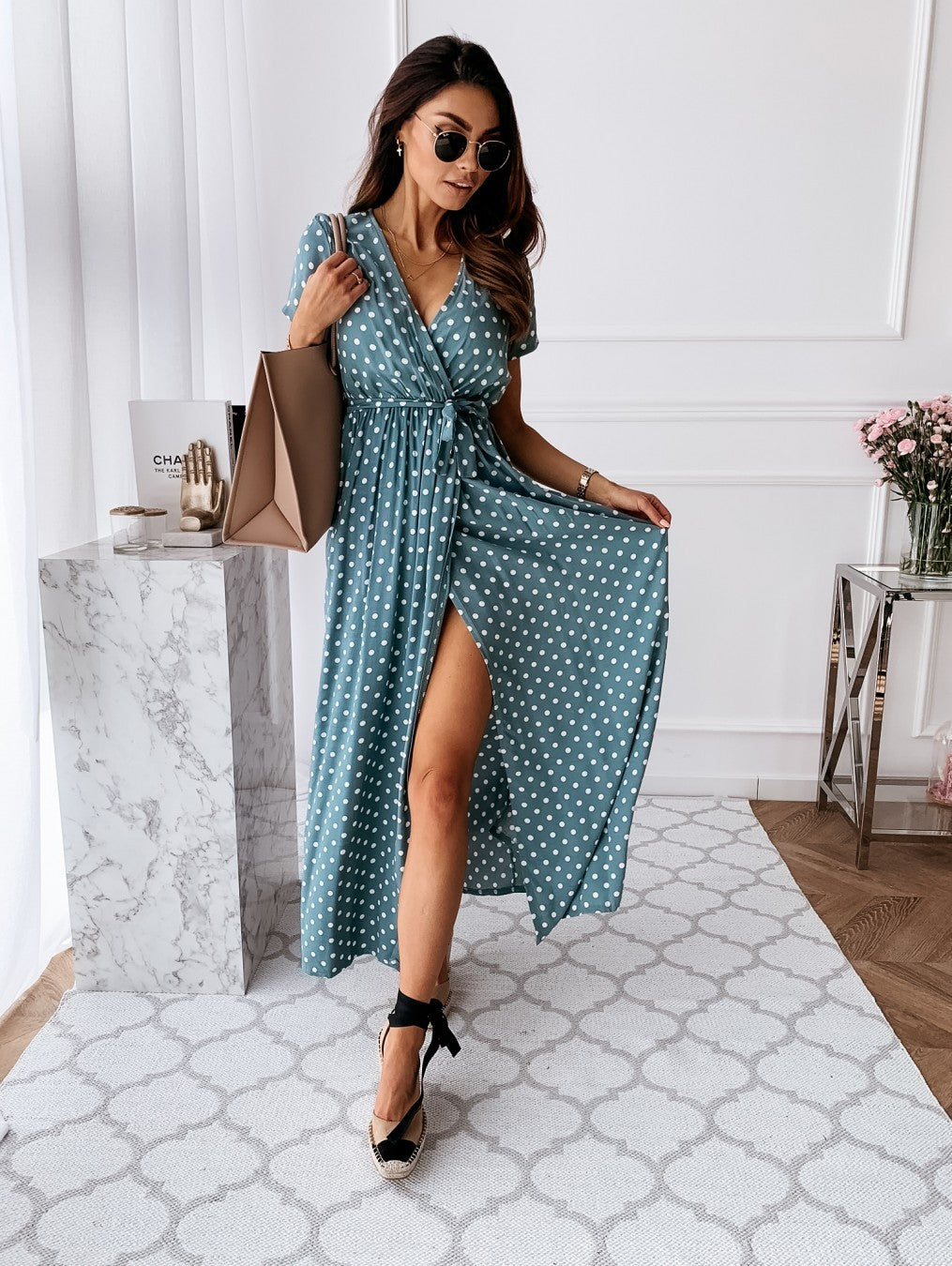 Polka Dot Wrap Maxi Dress with High Slit