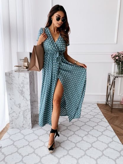 Polka Dot Wrap Maxi Dress with High Slit