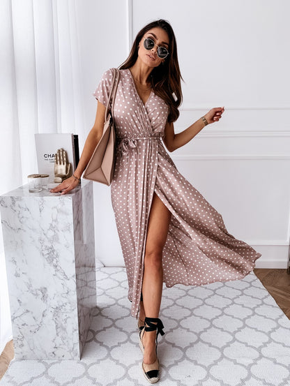 Polka Dot Wrap Maxi Dress with High Slit