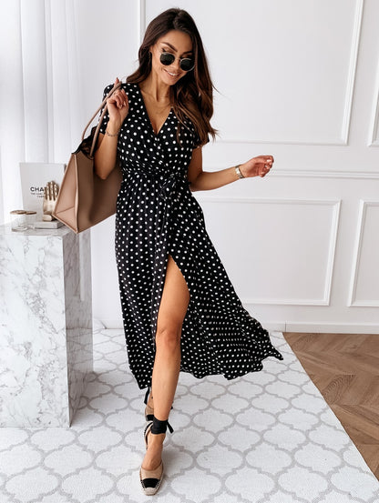 Polka Dot Wrap Maxi Dress with High Slit
