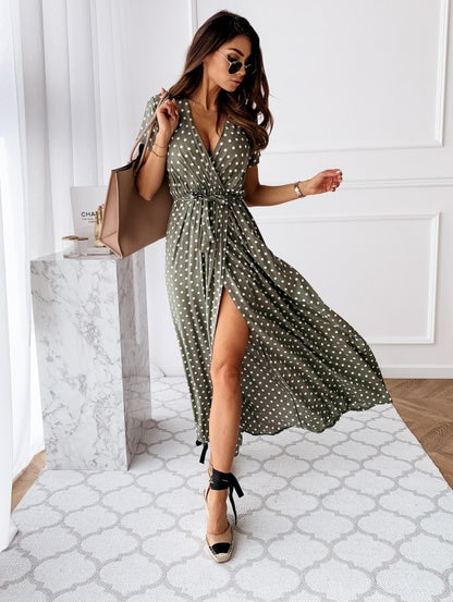 Polka Dot Wrap Maxi Dress with High Slit