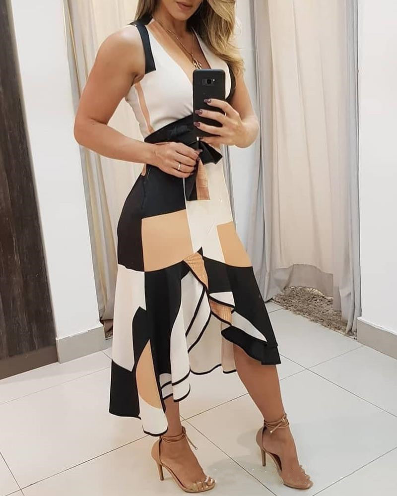 Contrast Geometric Print Midi Dress with Asymmetrical Hem