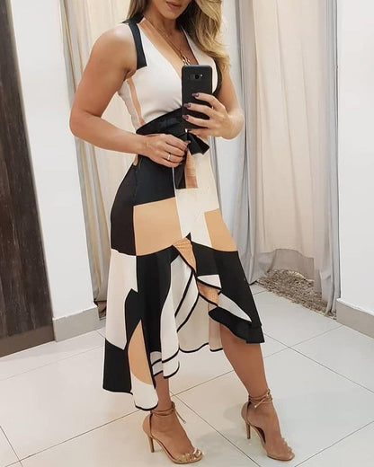 Contrast Geometric Print Midi Dress with Asymmetrical Hem
