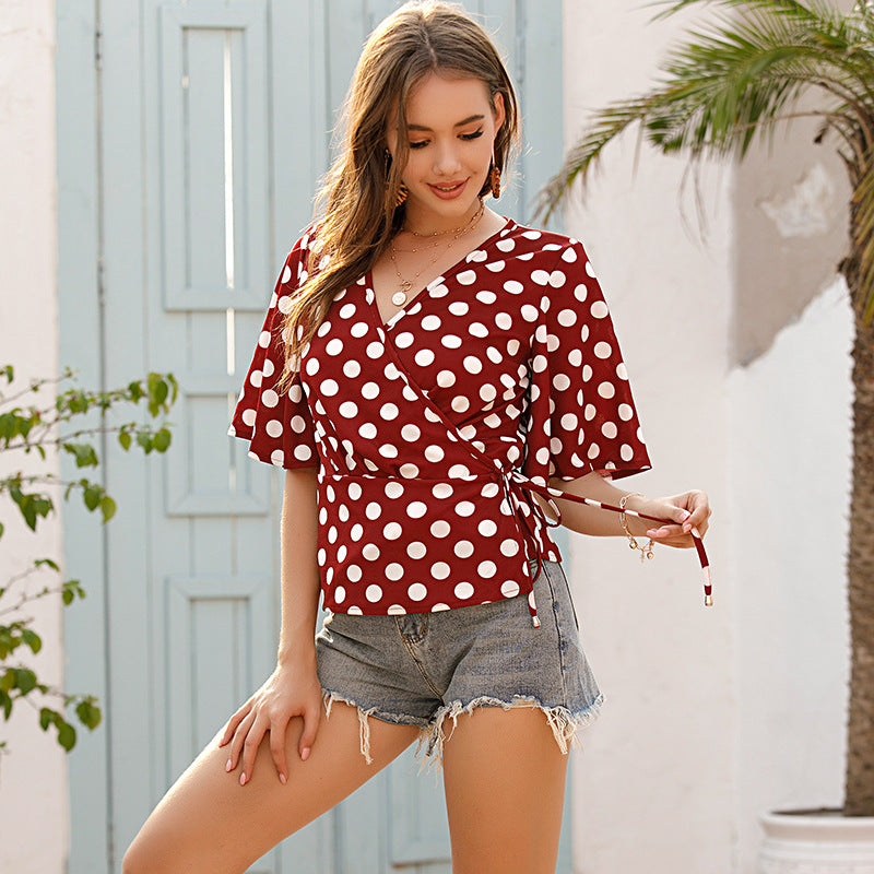 Polka Dot Wrap Blouse with V-Neck and Bell Sleeves