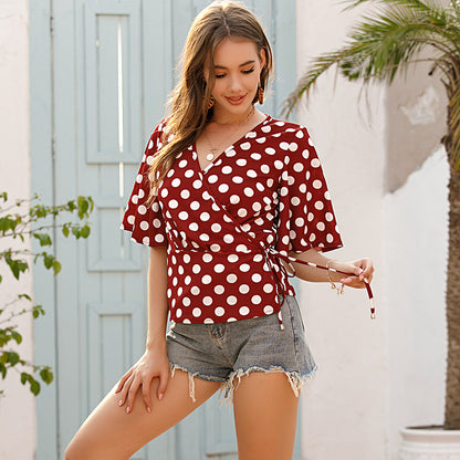 Polka Dot Wrap Blouse with V-Neck and Bell Sleeves
