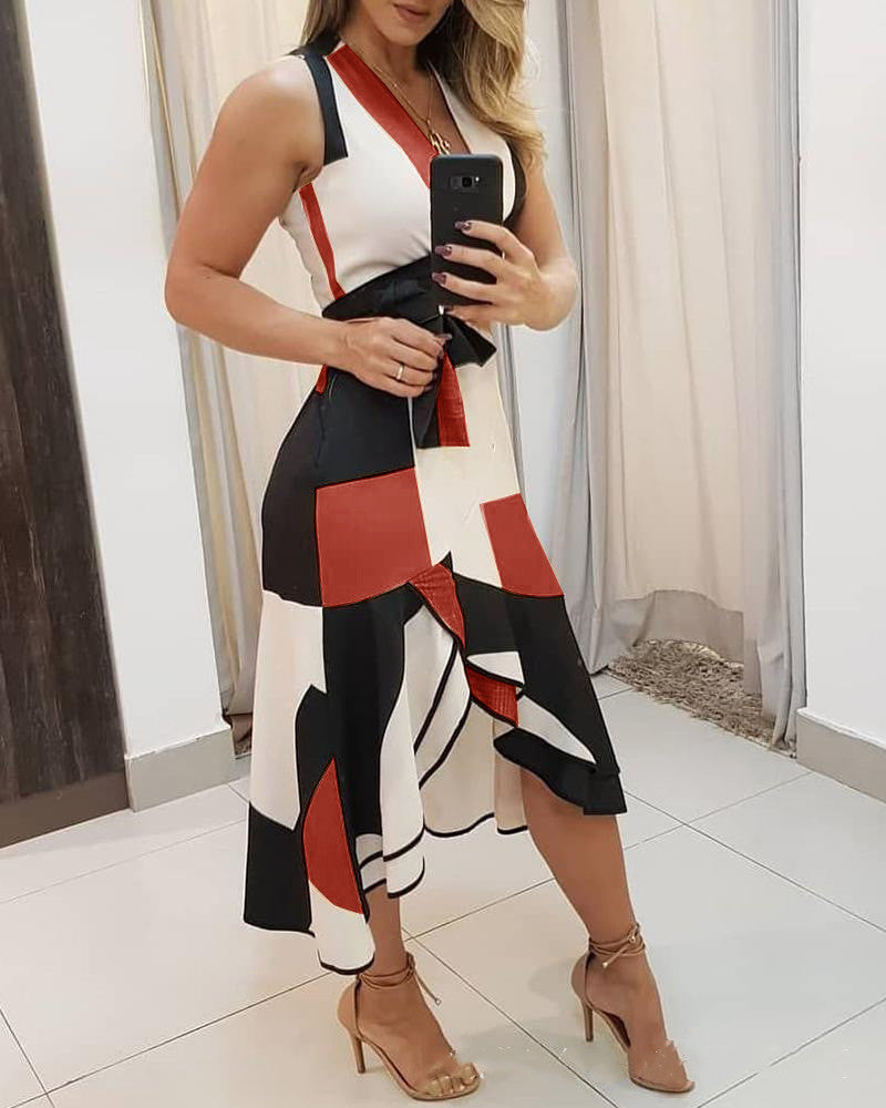 Contrast Geometric Print Midi Dress with Asymmetrical Hem