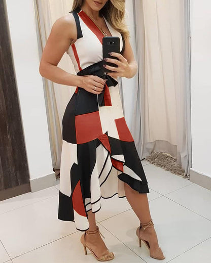 Contrast Geometric Print Midi Dress with Asymmetrical Hem