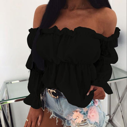 Solid Off-Shoulder Blouse with Ruffled Long Sleeves