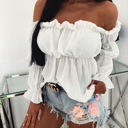 Solid Off-Shoulder Blouse with Ruffled Long Sleeves