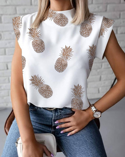Graphic Face Print Sleeveless Top with Stand Collar