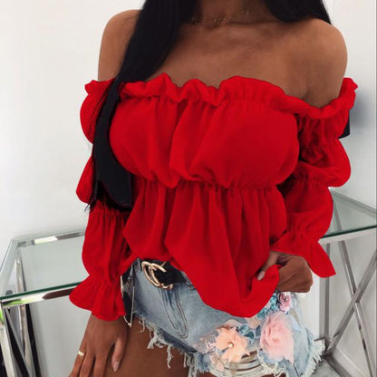 Solid Off-Shoulder Blouse with Ruffled Long Sleeves