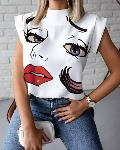 Graphic Face Print Sleeveless Top with Stand Collar