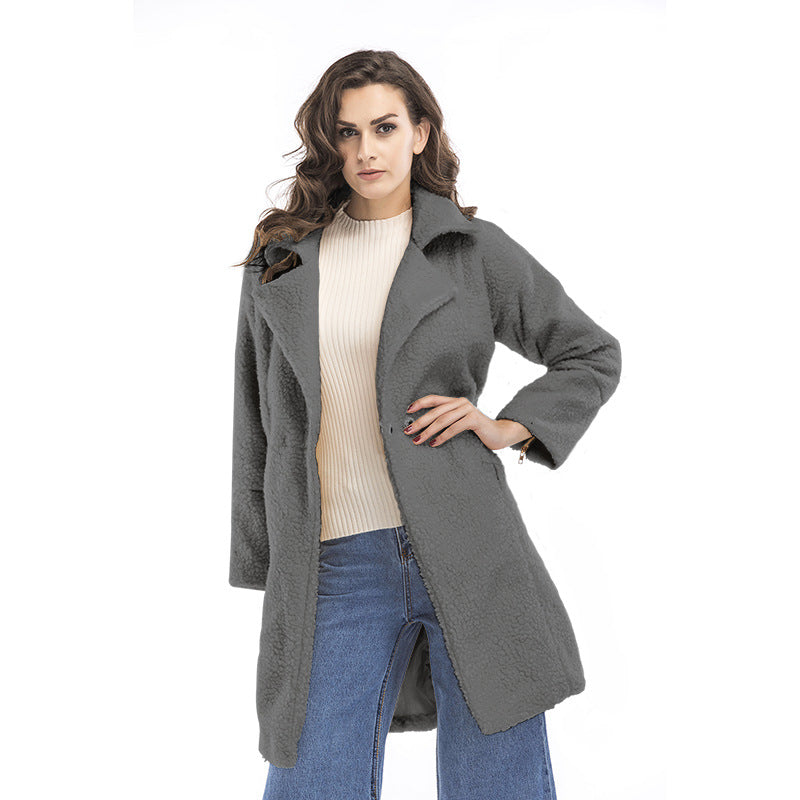 Loose-Fit Mid-Length Teddy Coat with Lapel Collar