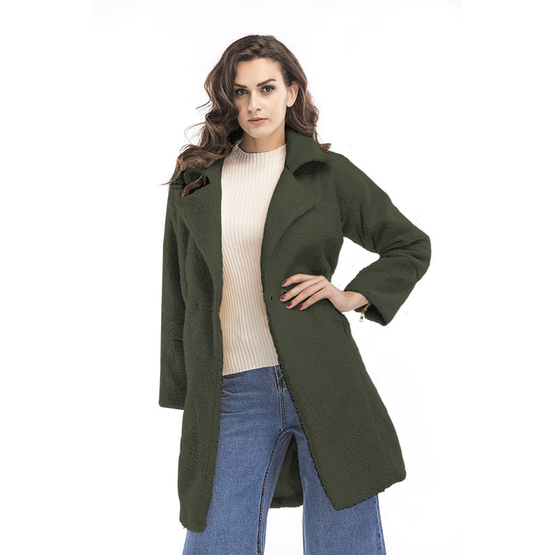 Loose-Fit Mid-Length Teddy Coat with Lapel Collar
