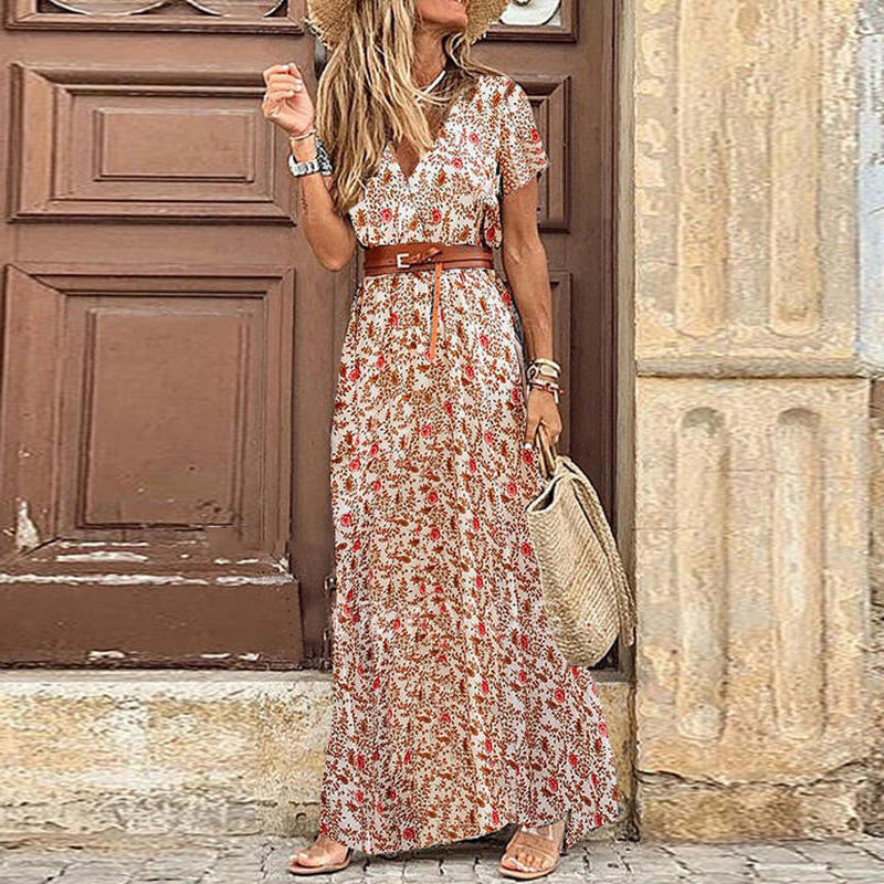 Floral Print Maxi Dress with V-Neck and Belt