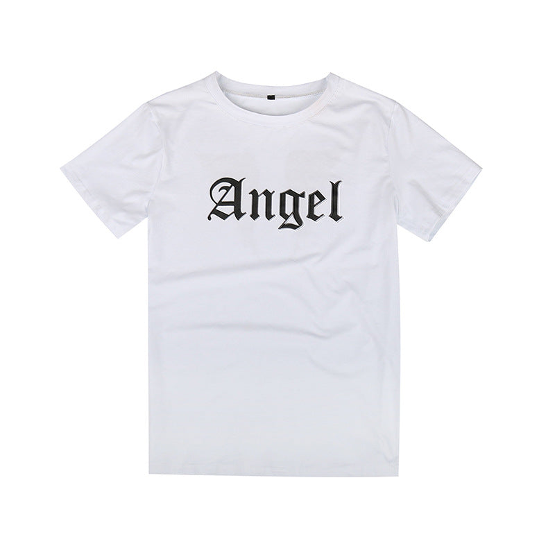 Angel Letter Print Crewneck T-Shirt with Short Sleeves