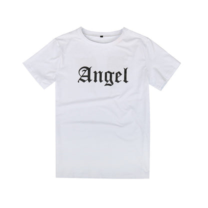 Angel Letter Print Crewneck T-Shirt with Short Sleeves
