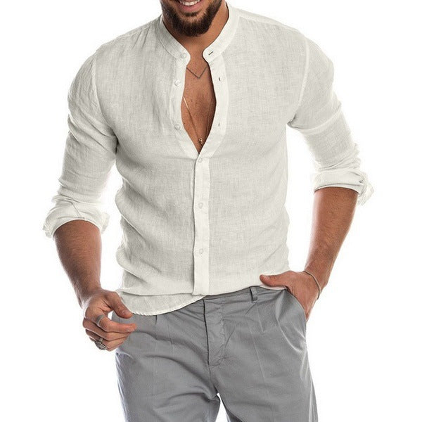 Solid Linen-Blend Button-Front Shirt with Stand Collar