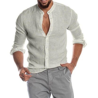 Solid Linen-Blend Button-Front Shirt with Stand Collar