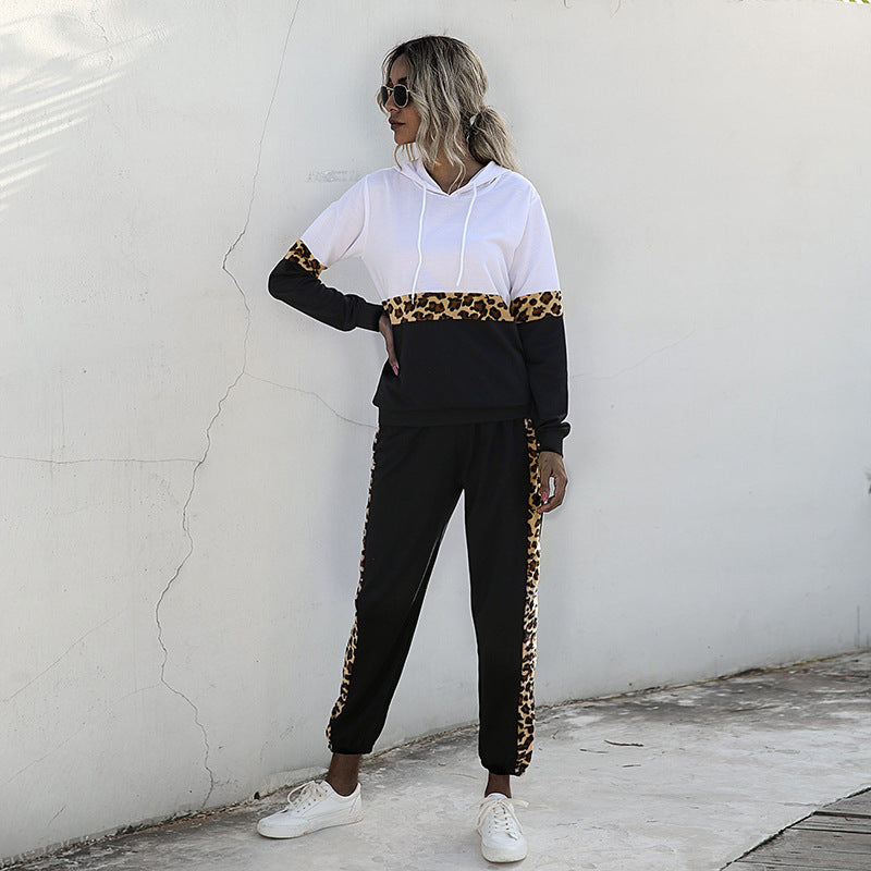 Leopard Print Patchwork Hooded Tracksuit with Jogger Pants