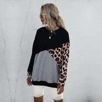 Leopard Print Patchwork Pullover with Crewneck