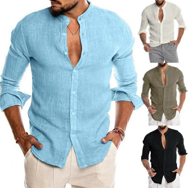 Solid Linen-Blend Button-Front Shirt with Stand Collar